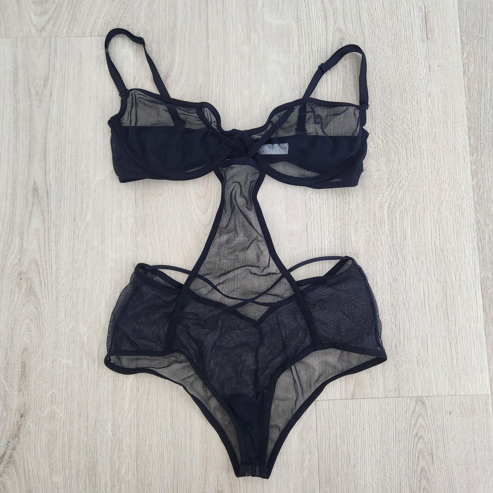 Black Sheer Mesh Cutout Underwire Bodysuit Lingerie Womens Size M